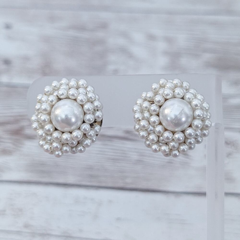 Vintage Clip On Earrings Faux Pearl Beaded Wrap 7/8" - Condition Issues